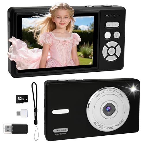 Digital Camera 4K - Autofocus Compact Cameras with 32GB SD Card 44MP Portable Mini Small Photo Camera with 2.8" LCD Screen 18X Digital Zoom Vlogging Camera for Students, Teens, Beginners (Black)