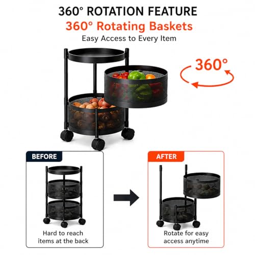 Image of Homeor 2 Layer Kitchen Trolley with Wheels | 360 Rotating Metal Storage Rack for Vegetables, Fruits, Onion & Spices | Round Multipurpose Kitchen Organizer Stand | Metal Kitchen Trolley, Matte Black