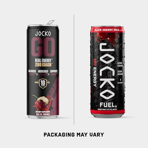 Image of Jocko Fuel GO Energy Drinks, Black Cherry Cola - 95mg Caffeine with Added Adaptogens, Vitamin B12 & B6, & L Theanine for Mood & Focus Support, No Sugar, 12 Pack - Packaging May Vary