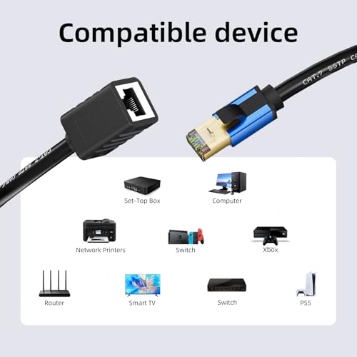Cat7 Internet Extension Cable: Gold Plated RJ45 Male to Female (30ft) for Family Room Office
