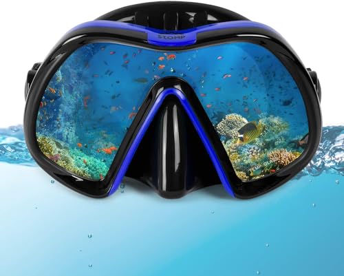 STOMP Máscara de buceo de vidrio templado con falda de silicona con vista panorámica HD, antivaho, gafas de buceo para adultos y jóvenes con cubierta de nariz (azul claro)