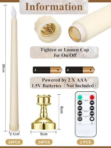 Image of 24 Pcs Flameless Taper Candles with Holders Remote Timer Battery Operated Candles Bulk LED Candlesticks Flickering for Valentines Wedding Home Window Carnival Party Decor(Gold,Classic Style)
