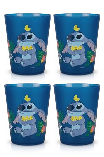 Image of Disney Stitch Plastic Drinking Glasses, Dishwasher Safe, 4-Pack | 16 oz, unbreakable, reusable, BPA-free, stackable to save space, great for water, juice, and family meals