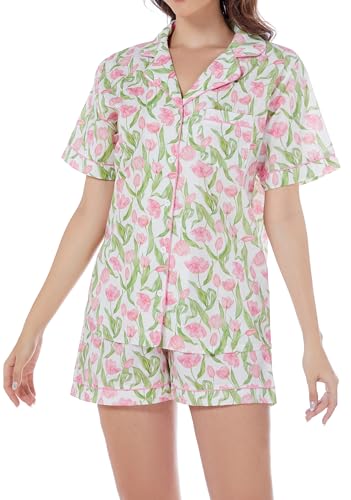 Image of LUBOT 100% Cotton Pajamas for Women 2 Piece PJ Set Poplin Woven Lightweight Ladies Button Short Sleeve Sleepwear S-XXL
