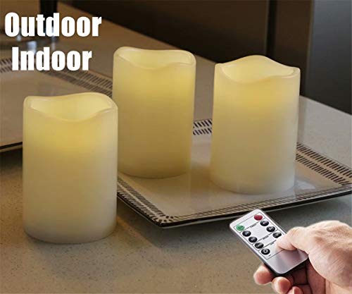 Image of Set of 3 Outdoor IP44 Warm White LED Rainproof Waterproof Flameless Battery LED Pillar Candles with Remote and Timer, Plastic, Won't Melt, Weather Resistant Design 3 x 4 inch, Timer 24hours