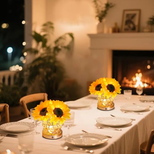 Image of Sunflower Flower Lamp Gifts for Women, 3 Color Dimming Night Light for Womens Mom Her Daughter Christmas Anniversary Birthday Gifts, Bedroom Coffee Shop Decor Rechargeable Cordless Touch Lamp