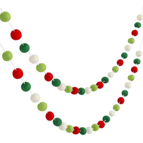 Boao 2 Pack Felt Ball Garland Christmas Pom Pom Garland 19.6 ft 70 Balls Wool Felt Colorful Pompom Ornament String Banner Handmade Xmas Tree Wall Hanging Party Decor(Red, Green, White)