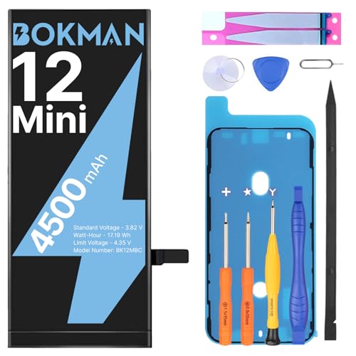 bokman Akku für iPhone 12 Mini Hohe Kapazität 4500mAh Lithium-Polymer-Polymer-Akku mit Allen Werkzeugsets Kompatibel mit A2176 A2398 A2399 A2400