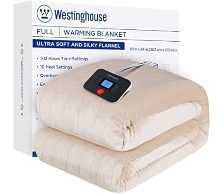 Westinghouse Electric Blanket Full Size, Super Cozy Soft Flannel 80" x 84" Heated Blanket with 10 Fast Heating Levels & 1-12 Auto-Off, Machine Washable, ETL&FCC Certification, Beige