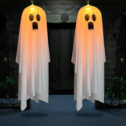 VICTERR Halloween Decorazioni Fantasma, 2 Pezzi Fantasma Appeso di Halloween con Luce a LED, 90CM Luminoso Fantasma Horror Luci per Esterno, Interno, Giardino, Casa