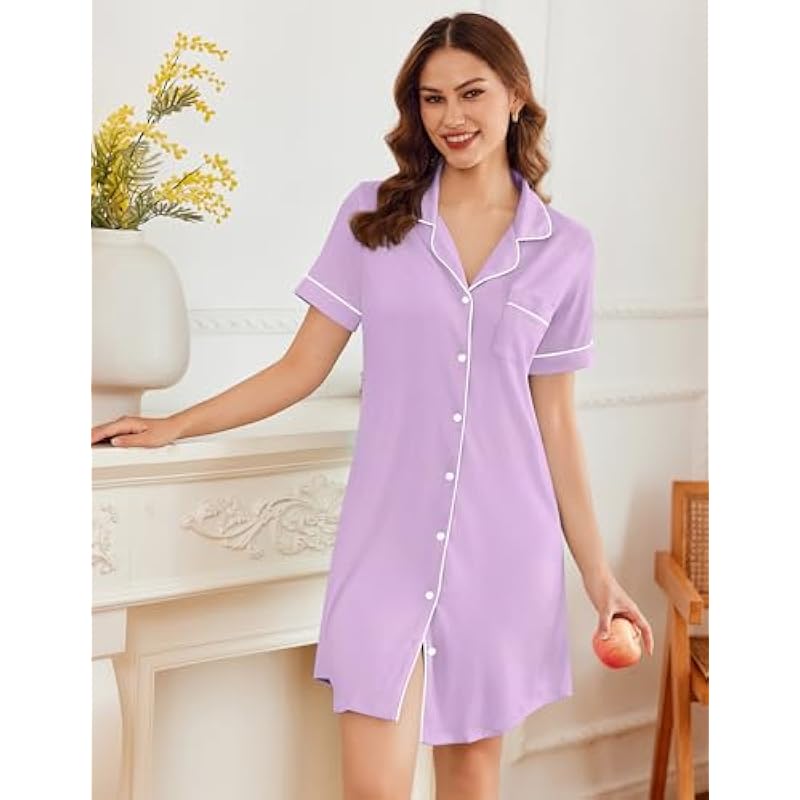 Ekouaer Nightgowns for Women Button Down Sleepshirt Short Sleeve Nightshirt Boyfriend Pajamas V Neck Nightdress S-XXXL 상세이미지 2