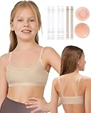 iMuchic Clear Straps Dance Bra for Girls, 8-16 Years Training Ballet Gymnastics Sports Seamless Bralette with Silicone Covers