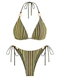 ZAFUL Swim Suits for Women 2025 Thong Bikini Sets Triangle Bikini with Sexy Bathing Suit Bottoms 2 Piece Cheeky String Bikini Retro Beads Striped Self Tie Backless Simsuits Swimwear Amy Green M