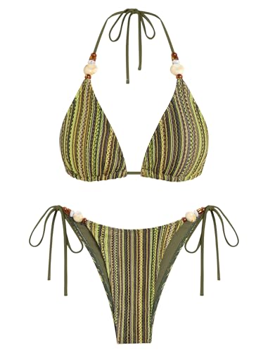 ZAFUL Thong Bikini Sets for Women 2 Piece Sexy Bathing Suit Striped Triangle Bikini High Cut Cheeky Retro Swimsuit Beads Halter String Bikini Top with Low Rise Self Tie Swimsuit Bottom Amy Green L
