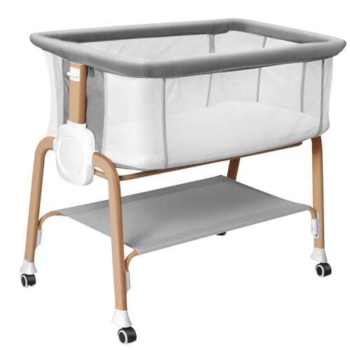 Image of Bassinet Bedside Sleeper, Bedside Bassinet for Newborn, Baby Bassinet with 5 Adjustable Height, Rocking Bassinet with Wheels, Breathable Mesh & Mattress, Easy Folding Portable Bedside Crib(Gray)
