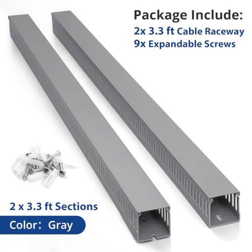 Image of ZhiYo 2 inch H x 2 inch W Cable Raceway, Under Desk Wire Management Channel Grey | Slotted Wire Duct, 2 Pack(3.3ft Each), Heavy-Duty PVC Cable Management for Server Racks, Network Cables & Electrical Cabinets