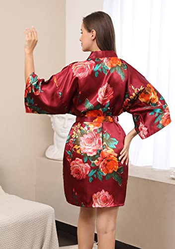 QXQTER Peony Floral Silky Satin Robe Wedding Bridal Party Bride Bridesmaid Robes for Women Dressing Gown Kimono Robe - Thumbnail 3