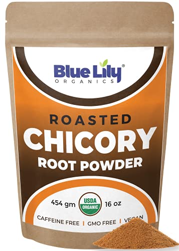 Blue Lily Organics Roasted Chicory Root Powder (1lb) - Prebiotic Dietary Fiber Supplement for Digestion - Create Your Own Cold Brew Coffee - Caffeine Free & Healthy Coffee Alternative