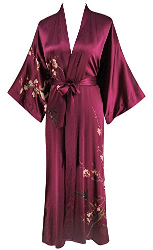 Ledamon Women s 100% Silk Kimono Long Robe - Classic Colors and Prints (Wine red)