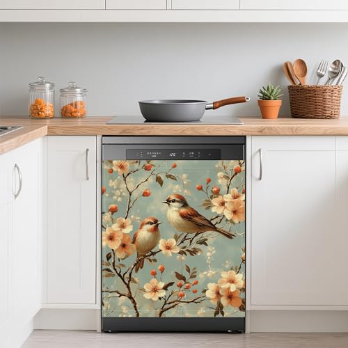 Image of Dishwasher Magnets Decorative Cover,Cute Bird Refrigerator Magnet Cover,Washable Spring Flowers Dishwasher Front Panel Cover Home Kitchen Decoration 23x26 Inch