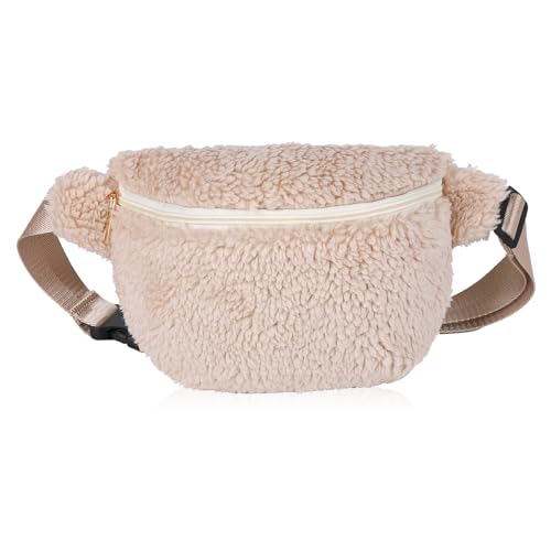 Riñonera de Felpa para Mujer Suave Moda Waist Packs Bolsa de Cintura Cinturón Ajustable Crossbody Teddy Bolsa Casual Versátil Bumbags,para Chica Mujer Viaje Trabajo Diario (Beige)