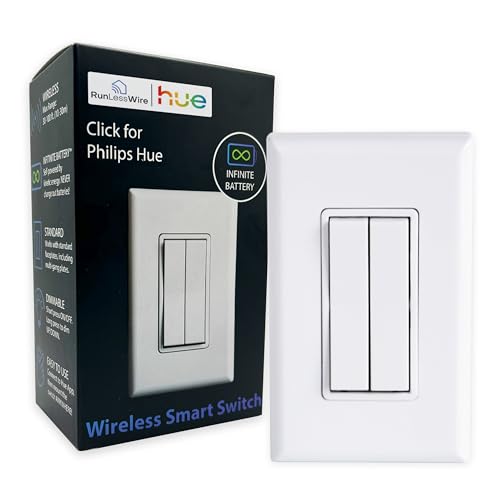 RunLessWire Click for Philips Hue – Battery-Free Wireless Smart Light Switch, 30ft Range – Works Natively with Philips Hue Bridge – Wall Mount Kinetic Switch - Decora Style, White