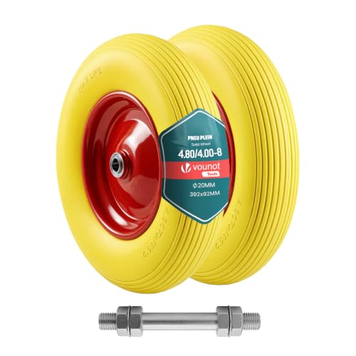 VOUNOT® Set of 2 Puncture-Proof 4.80/4.00-8 PU Wheelbarrow Wheel 392x92mm, 20mm Bore, with Needle Bearings for Hand Trucks, Carts, and Garden Trailers, Yellow
