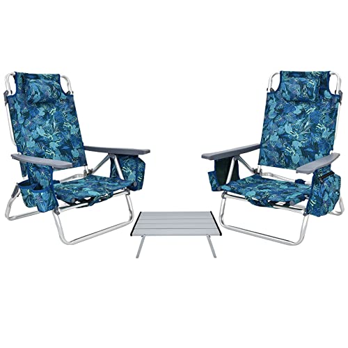 Image of Giantex Folding Beach Chair, Patio Sling Chairs with 5 Adjustable Position, Head Pillow, Storage Bag, Towel Bar, Cup Holders, Backpack Chairs for Sunbathing, Camping Chair