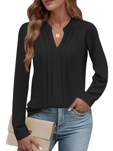 Cuptacc Bluse Damen Herbst Langarmshirt Damen V-Ausschnitt Elegant Chiffon Blusen Lässige Shirt Langarm Hemd Schwarz, Groß L 42-44