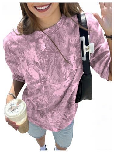 RoseSeek Women's Camo Shirt Maple Leaf Print Short Sleeve Camouflage T Shirt Summer Camo Tee Top Streetwear Pink Medium