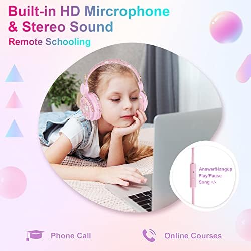 Kids Headphones, Cute Unicorn Childrens Headphones Wired with Microphone, Adjustable Toddler Headphones Over-ear for Girls Age 3-12, Headphones for School/Plane/Fire Tablet, Unicorn Gifts for Girls