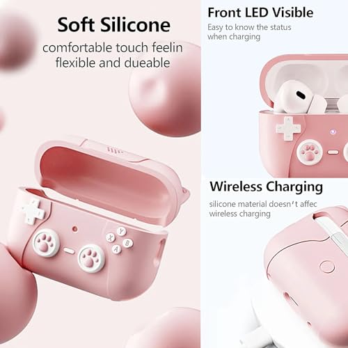 Image of Cute Cat Silicone Case Cover for Apple Airpods Pro 3 (2025), Game Console with Carabiner (Baby Pink, Cat)