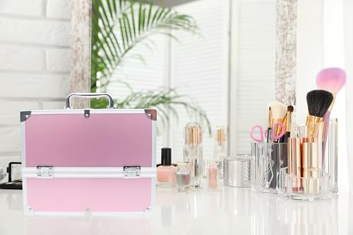Image of Adson Professional Beauty Make Up Cosmetic Vanity Box /Case 4 Trays with Mirror (Plain Light Rose Pink)