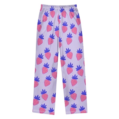 Strawberry Purple Cute Cartoon Pattern Cute Pajama Pants, Soft Sleepwear Lounge Pants Pajama Pj Bottoms for 6-14 Years2