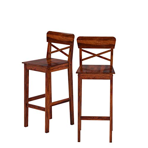 Image of Solid Sheesham Wood Bar Chair Set of 2 | Wooden Bar Stool for Kitchen Counter, Breakfast Table, Cafe & Home Bar | Cross Back Tall Chair with Footrest | Honey Natural Finish