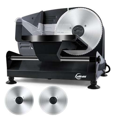 Trancheuse Electrique 200W à Jambon et Saucisson, 2 Lames Détachable de 19 cm, 0-15 d'épaisseur Précise, Commutateur de Rainure pour Utilisation Sûre, Pour Pain, Jambon, Fromage et Viande, Argent