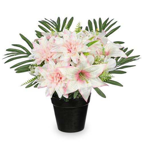 Hollyone Fleurs artificielles en soie de 35 cm pour tombe, roses artificielles roses et lys artificiels en pot noir, compositions florales funéraires pour...