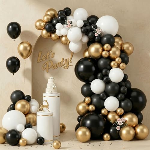 103pcs Black and Gold & White Balloon Garland Kit 18/12/10/5 Inch Black & Metallic Gold Balloons for 2026 Graduation Wedding Mens Birthday New Year Party Decorations