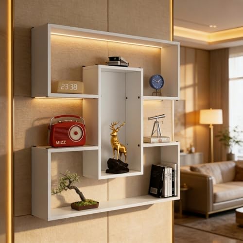 Image of MIZZ Multipurpose Modular Wall Racks /Shelves /Organiser /Decor Particle Board Wall Shelf (Number of Shelves - 6, White)