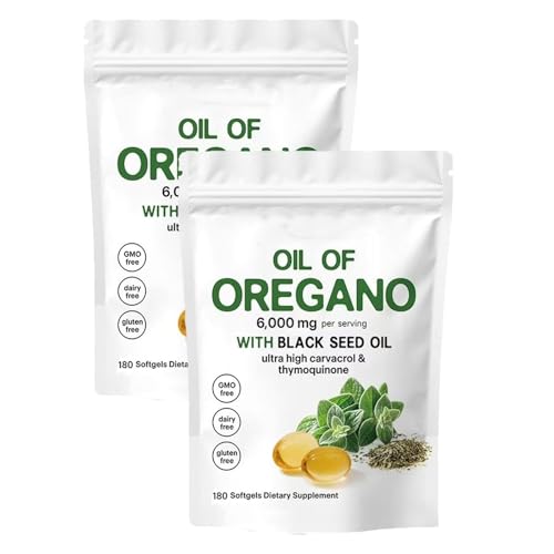 Aceite de resilia de cápsulas blandas de orégano, 2 en 1, 6000 mg de aceite de orégano con aceites de semilla negra, cápsulas de suplemento de orégano, fácil de tragar para mejorar el sistema