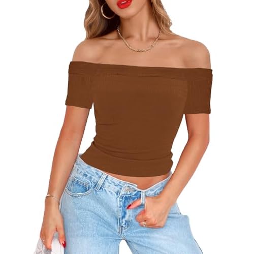 Topstype Off Shoulder Tops for Women Short Sleeve Summer Slim Fit Ribbed T Shirts Fitted Going Out