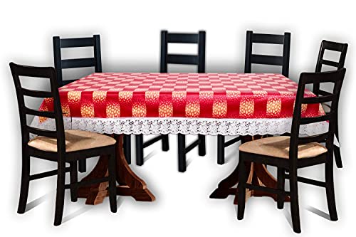 Image of The Furnishing Tree Waterproof PVC Rectangle Shaped 6 Seater Table Cover WxL 60x90 inches Gingham Pattern Red with White Border lace