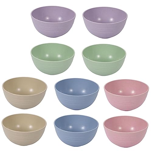 MUCKLILY 10Pcs Wheat Straw Lightweight Rice Bowls Heat Resistant and for Home Dinnerware for Rice Noodles and Soup Pink Blue Beige Green