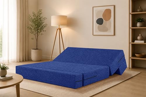 Image of Three Seater Sofa Cum Bed Jute Fabric 5 X 6 Ft| Space Saving Foldable Sofa Bed for Living Room & Guest Room | Comfortable Multi-Functional Furniture - Blue
