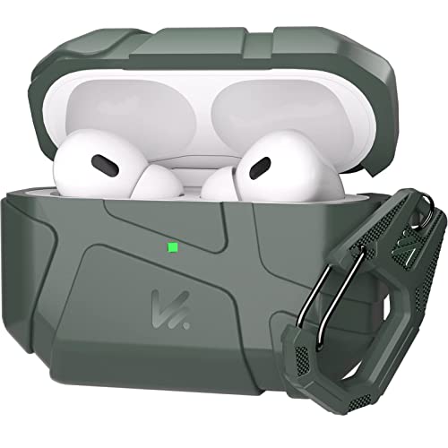 KMMIN Funda para AirPods Pro de 2 generación 2022, resistente a los golpes para Apple AirPods Pro de 2ª generación Militar Airpods Pro 2 Funda con llavero [LED frontal visible] verde militar Cover