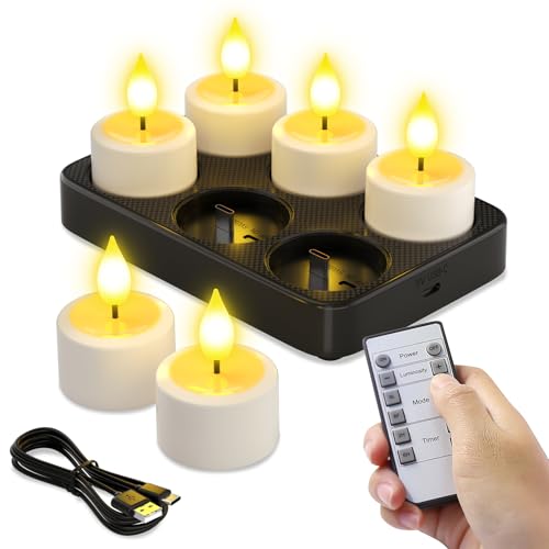 SoulBay Velas de té recargables, 6 velas sin llama con temporizador remoto y base de carga, vela votiva decorativa pequeña para farol, piscina, manto, bodas, hogar, interior, Navidad