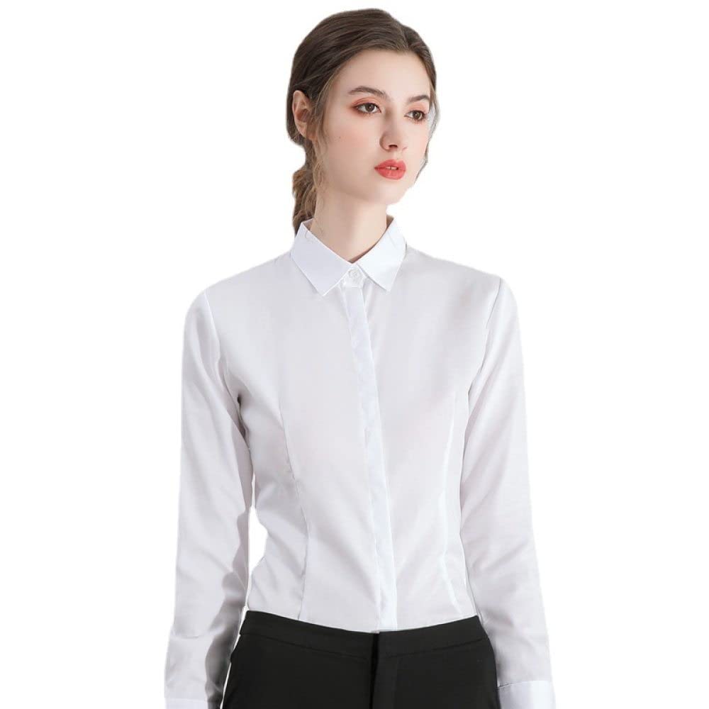Chemise Femme,Vêtements De Travail Formels Pour Femmes Coton Blanc Uni Basic Chemises À Manches Longues Simples Chemisiers À Revers Boutonnés Bureau Classique Slim Fit Tunique Chemises D'Affaire