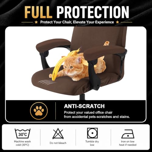 Image of Stretch Computer Office Chair Cover with Armrest Covers Durable Zipper Universal Washable Removable Spandex Rotating Boss Chair Slipcovers Anti-dust Soft Desk Chair Seat Protector, Mocha