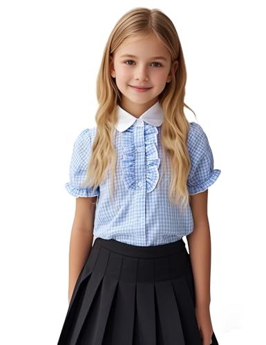 Image of Girls Short Sleeve Button Down Shirts Ruffle School Uniform Crop Tops Peter Pan Collar Plaid Blouse 4-13Y