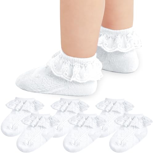 Image of Baby Girl Lace Socks Newborn Ruffle Socks Cute Infant Princess Dress Frilly Sock 0-24 Months 5/6 Pack